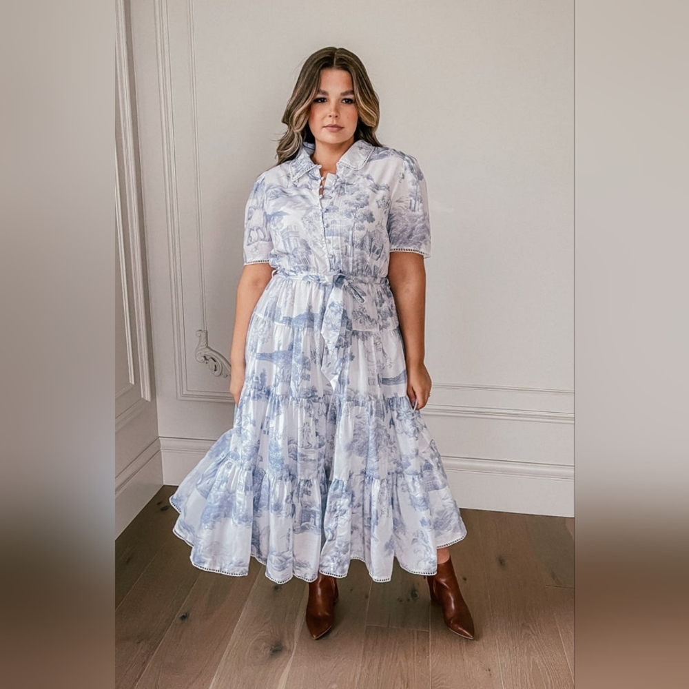 ‼️SAVE $100+‼️JessaKae Eastern Daybreak tiered puff sleeve dress White/Blue L
